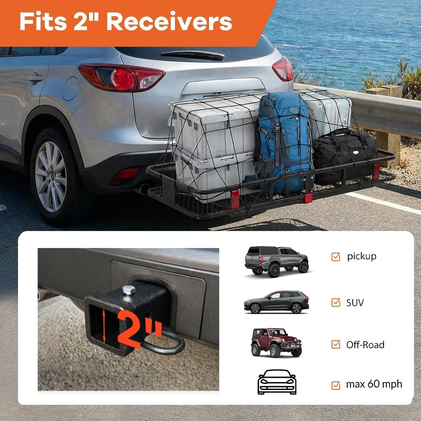 Folding Hitch Cargo Carrier – Extra-Wide 24" Steel Basket, 500 lb, Anti-Wobble Stabilizer