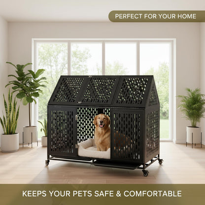 52 Inch Heavy Duty Indoor Dog Kennel for Large Dogs – Indestructible Dog Crate with Divider, Steel XL Dog Cage with Double Door, Wheels & Removable Tray, Black