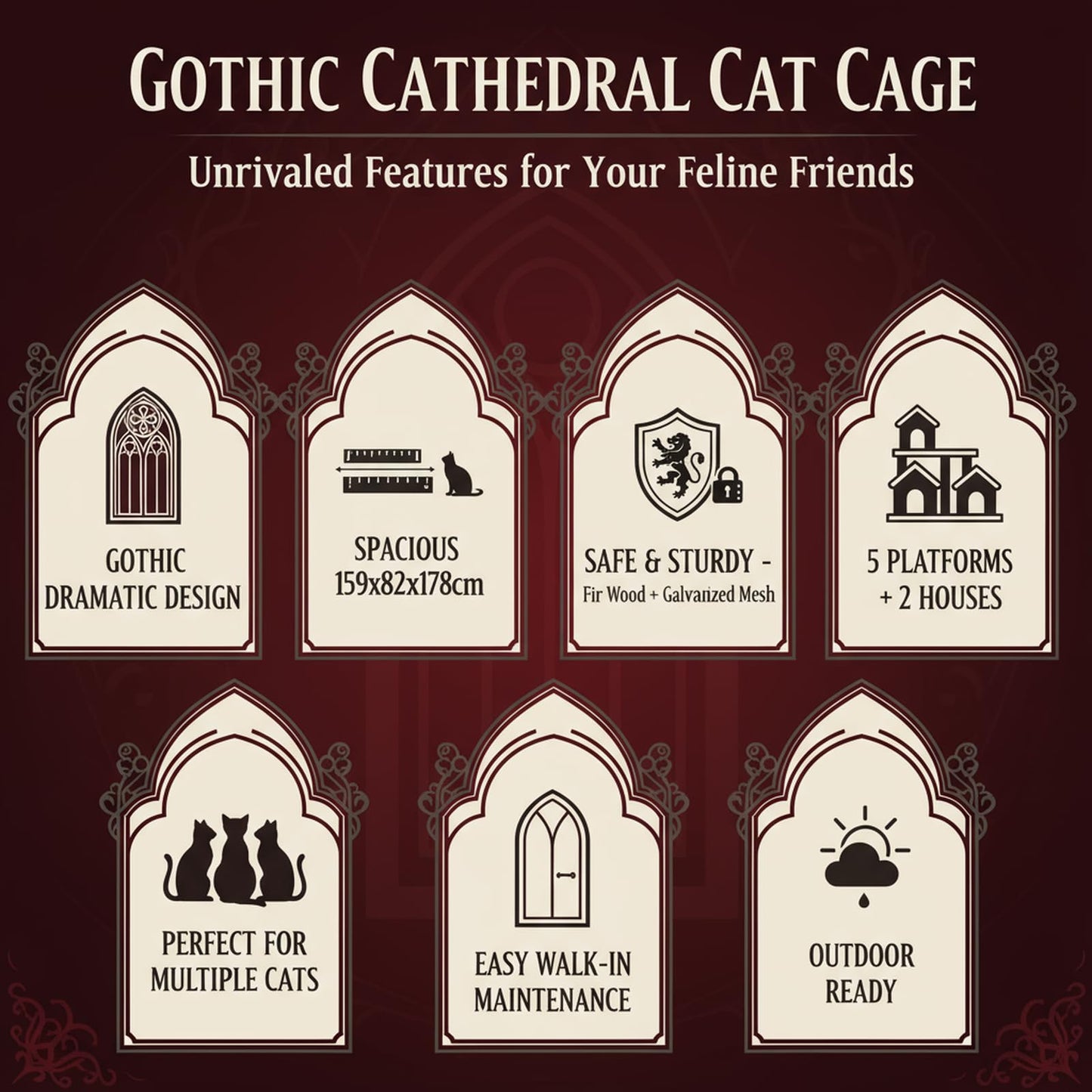Gothic Large Catio Cat Enclosure, 4-Tier Indoor/Outdoor House, 2 Rooms, 5 Platforms, Waterproof, Window Balcony