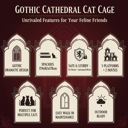 Gothic Large Catio Cat Enclosure, 4-Tier Indoor/Outdoor House, 2 Rooms, 5 Platforms, Waterproof, Window Balcony