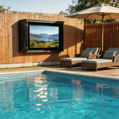 45-55" Solid Wood Outdoor TV Enclosure with Double Doors, Lock & Dual-Arm Mount