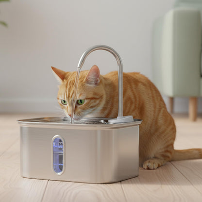Stainless Steel Cat Water Fountain – 2.6L Capacity with Dual Filtration, Ultra Quiet Pump & Visible Water Level for Pets and Small Animals